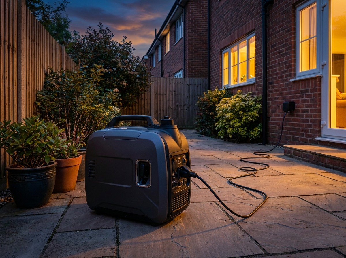 Enclosed inverter generator on a suburban patio at dusk with a cord running to the house and warm light in the windows
