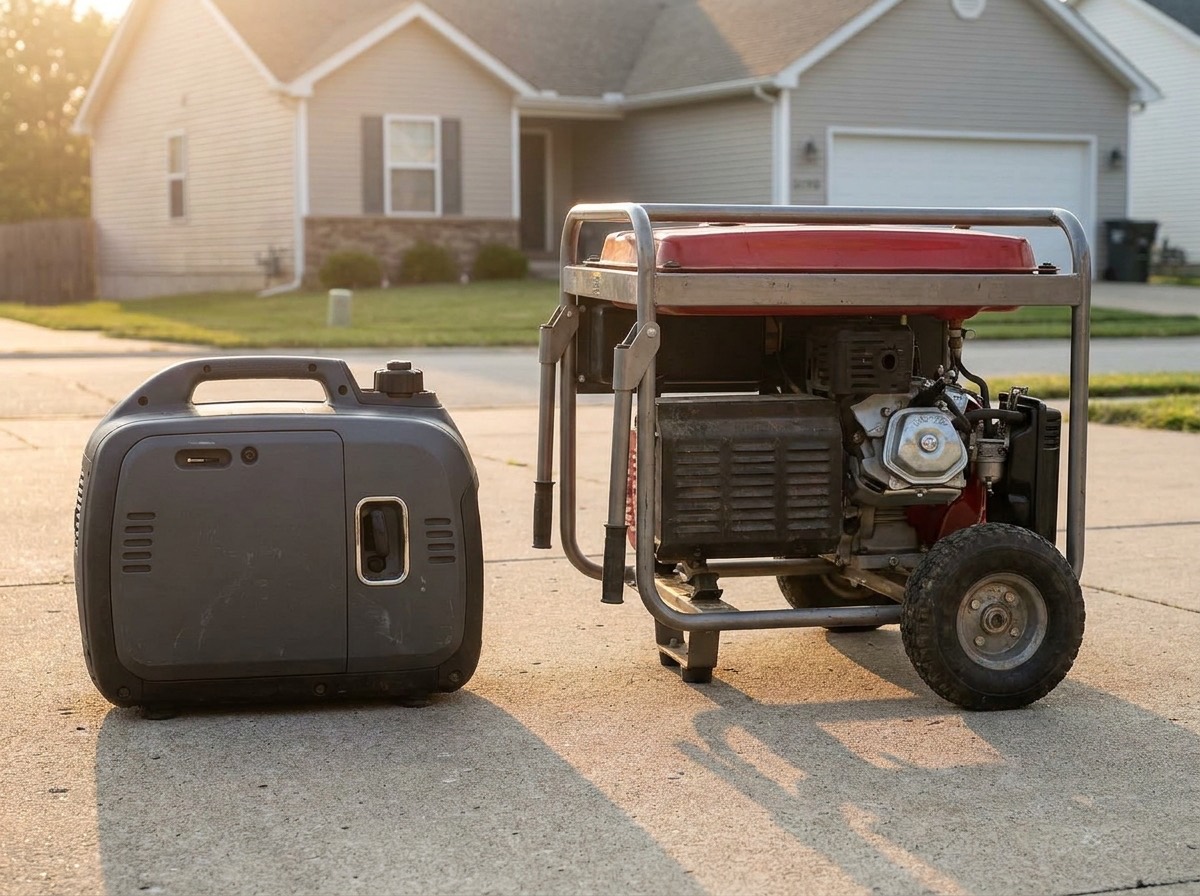 Compact enclosed inverter generator next to a larger open-frame generator with wheels on a suburban driveway