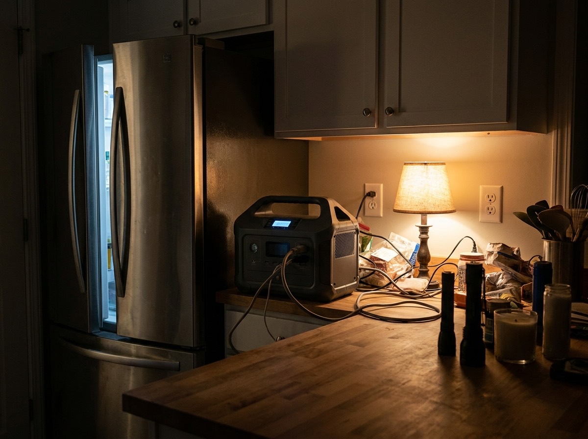 Portable power station on a kitchen counter at night powering a refrigerator and a lamp during a power outage