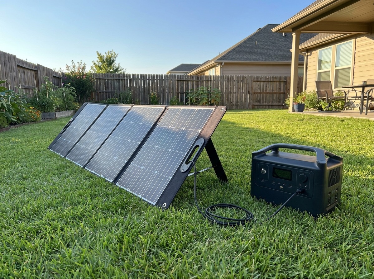 Folding portable solar panel tilted toward the sun on a backyard lawn with a cable running to a portable power station