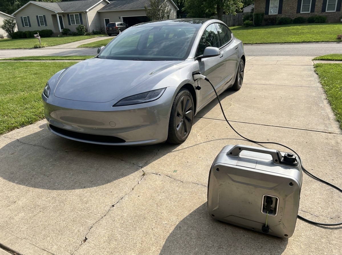 Electric car in a suburban driveway with its charging cable connected to a portable inverter generator sitting on the driveway