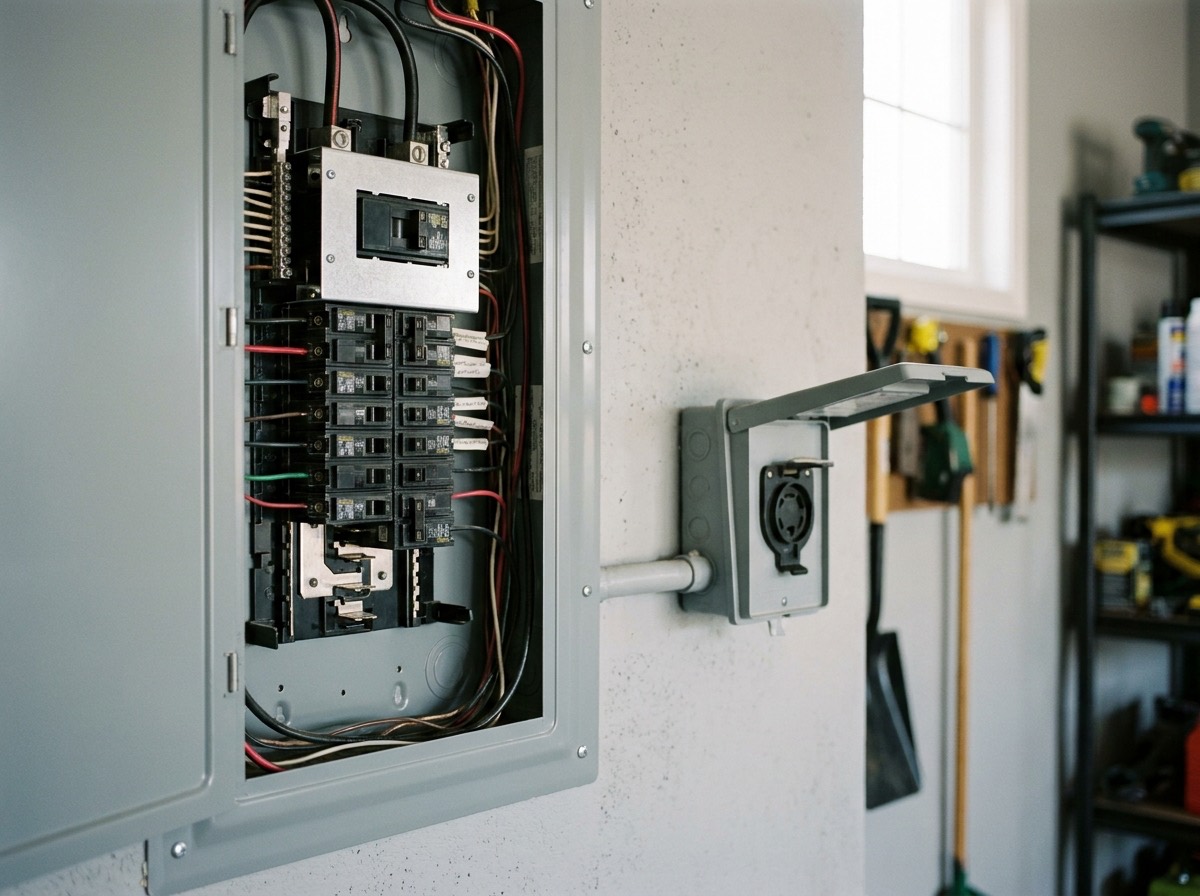 Open residential breaker panel with a generator interlock kit installed next to a generator power inlet box on the garage wall