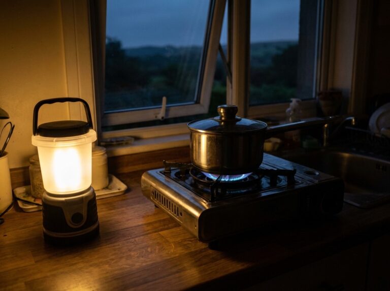 Single-burner butane stove with a pot on a kitchen counter, window cracked open behind it and a battery lantern nearby during an evening power outage