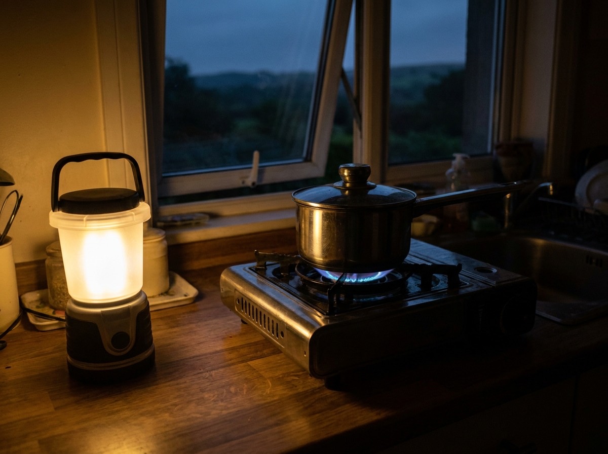 Single-burner butane stove with a pot on a kitchen counter, window cracked open behind it and a battery lantern nearby during an evening power outage
