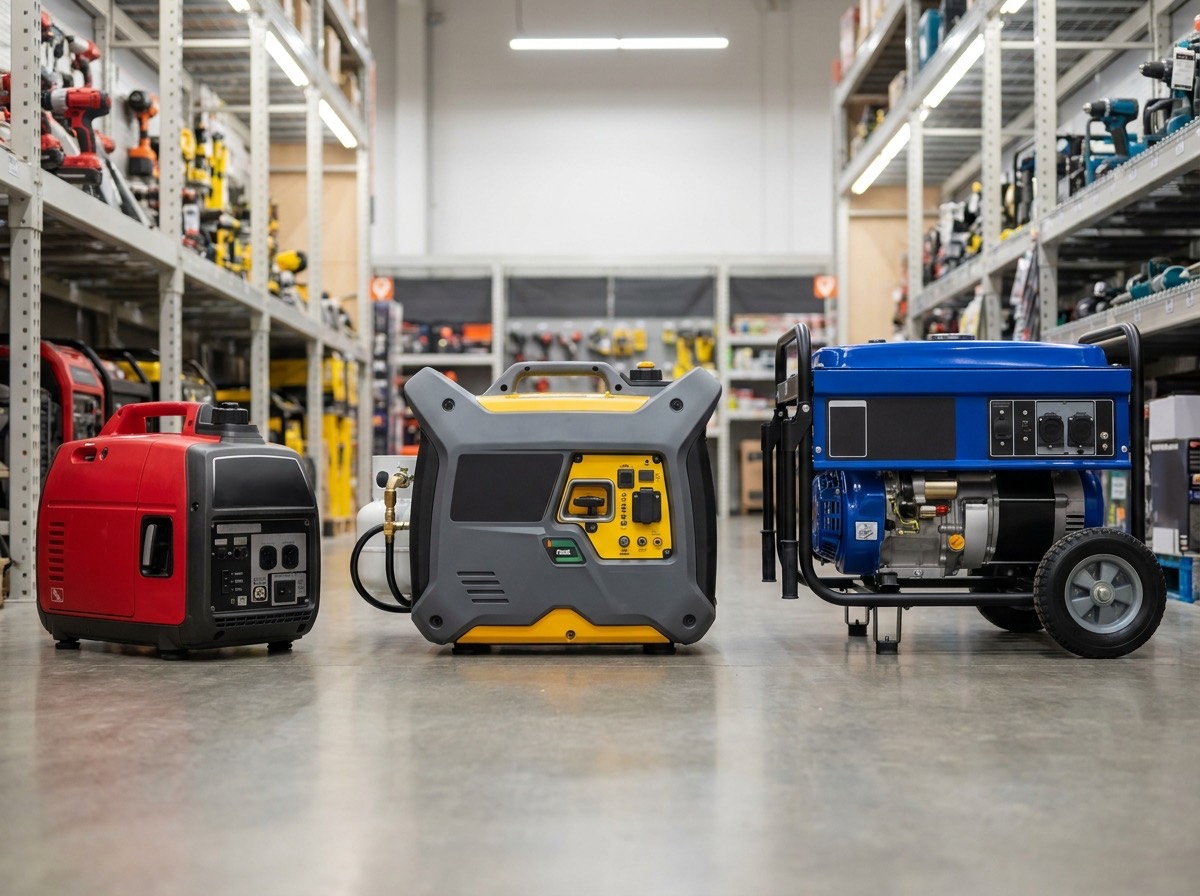 Three portable generators of different sizes lined up on a store floor: a compact inverter, a mid-size dual-fuel inverter, and a large open-frame unit