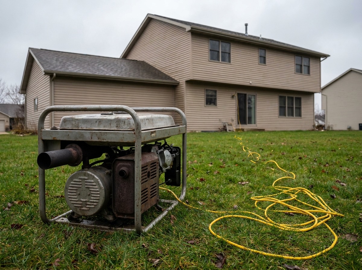 Portable generator placed far out on a lawn away from a suburban house with a long extension cord running back to the home