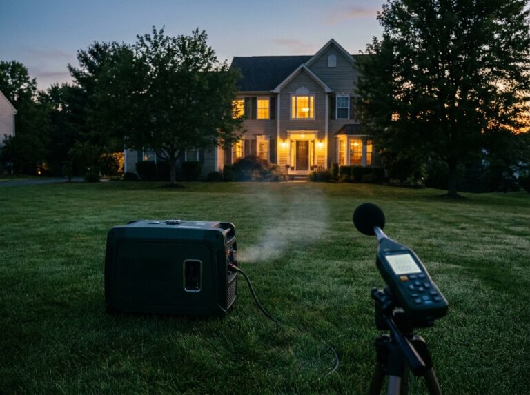 Enclosed inverter generator running on a lawn at dusk with a sound level meter on a tripod in the foreground and a lit house behind