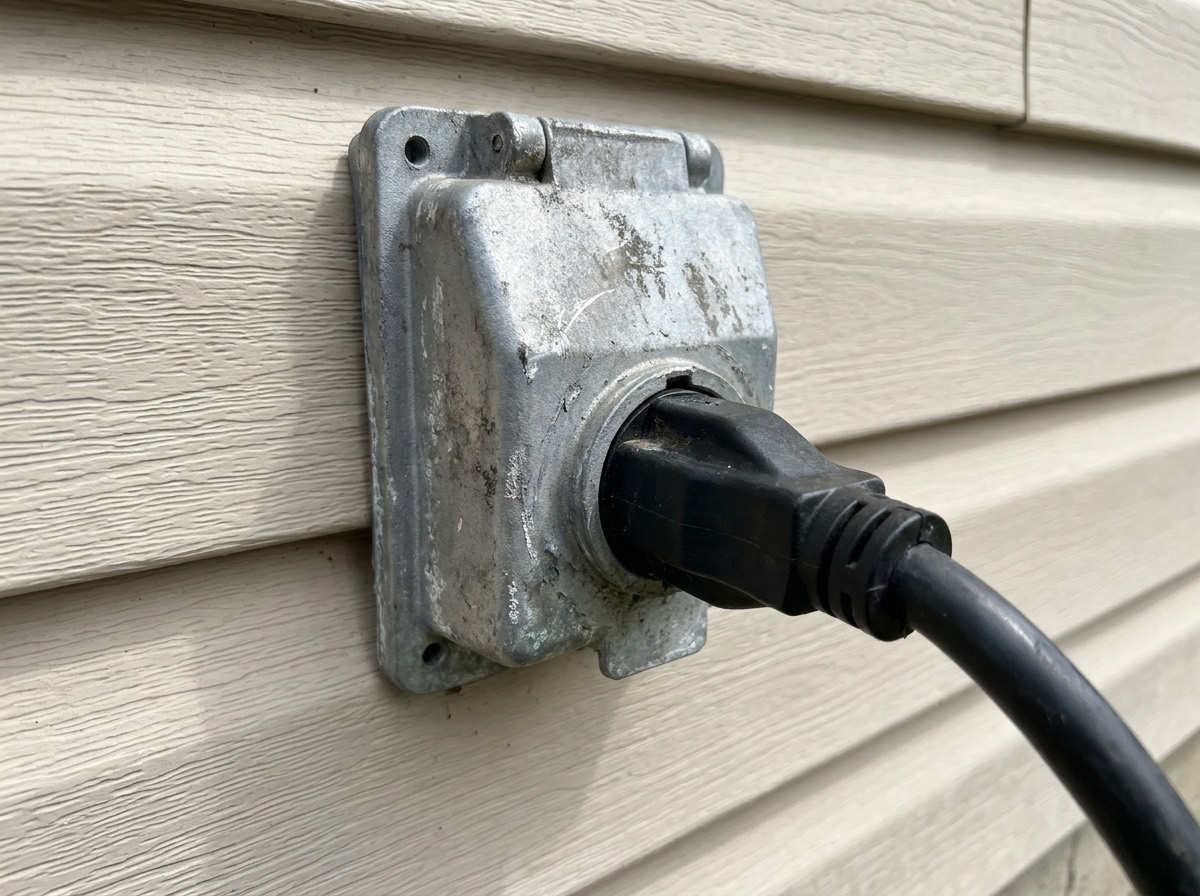 Close-up of a generator power inlet box mounted on house siding with a heavy-duty power cord plugged in
