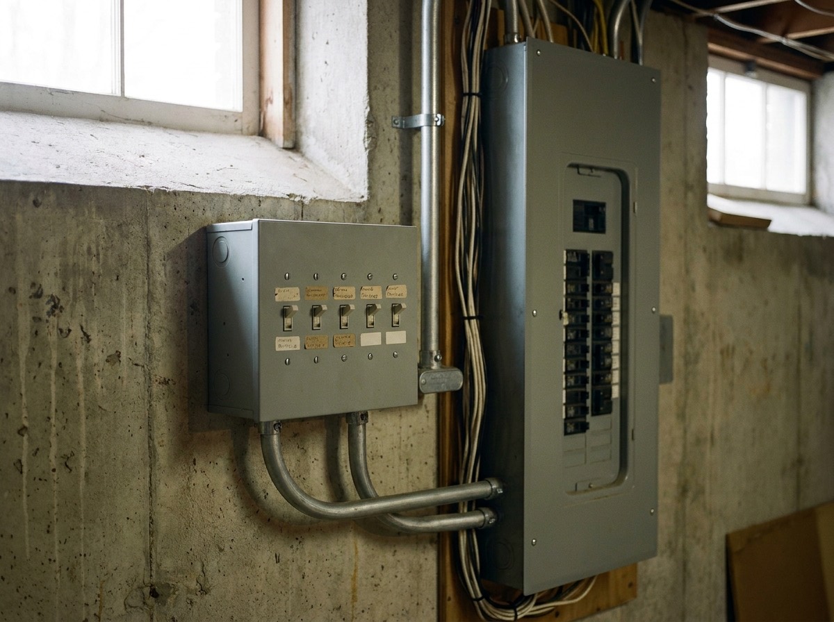 Manual generator transfer switch with labeled toggle switches mounted on a basement wall next to the main breaker panel