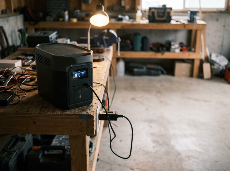 Portable power station on a workbench with its display lit, connected to a plug-in watt meter and a lamp for a capacity test
