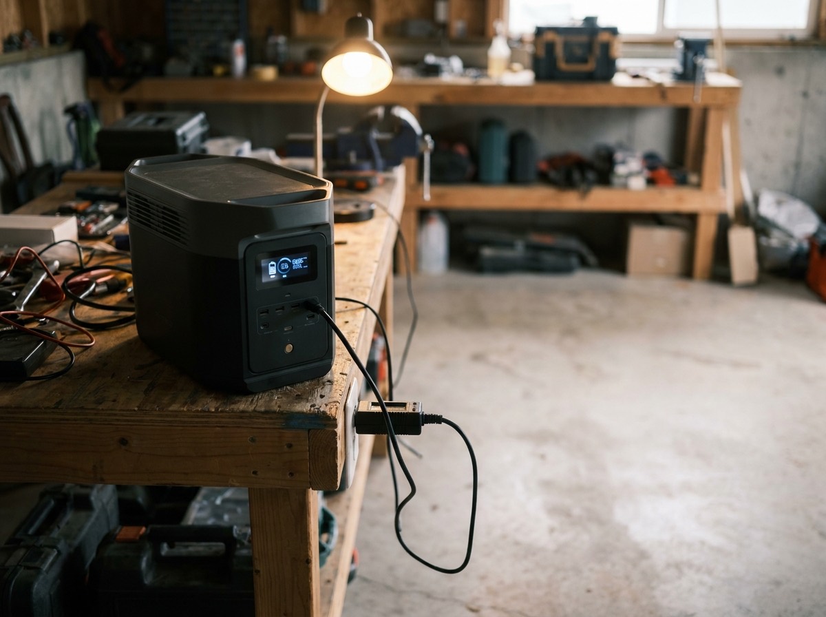 Portable power station on a workbench with its display lit, connected to a plug-in watt meter and a lamp for a capacity test