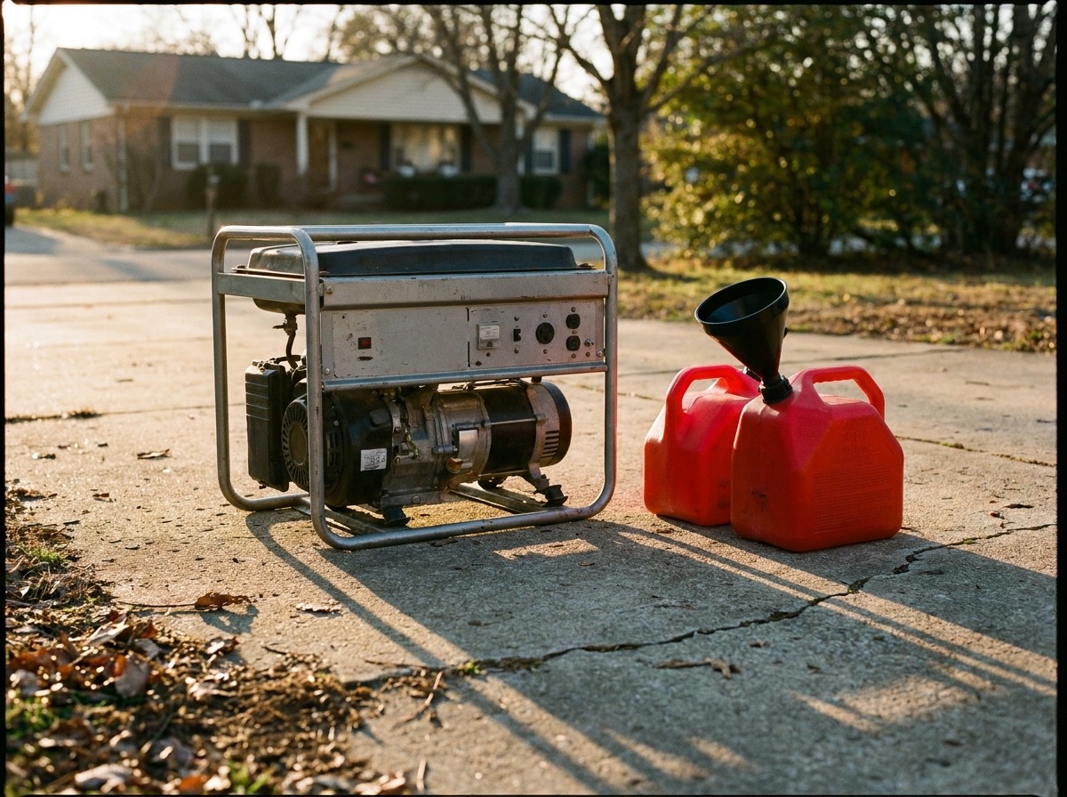 Portable generator on a driveway with two red gasoline cans and a fuel funnel beside it in late afternoon light