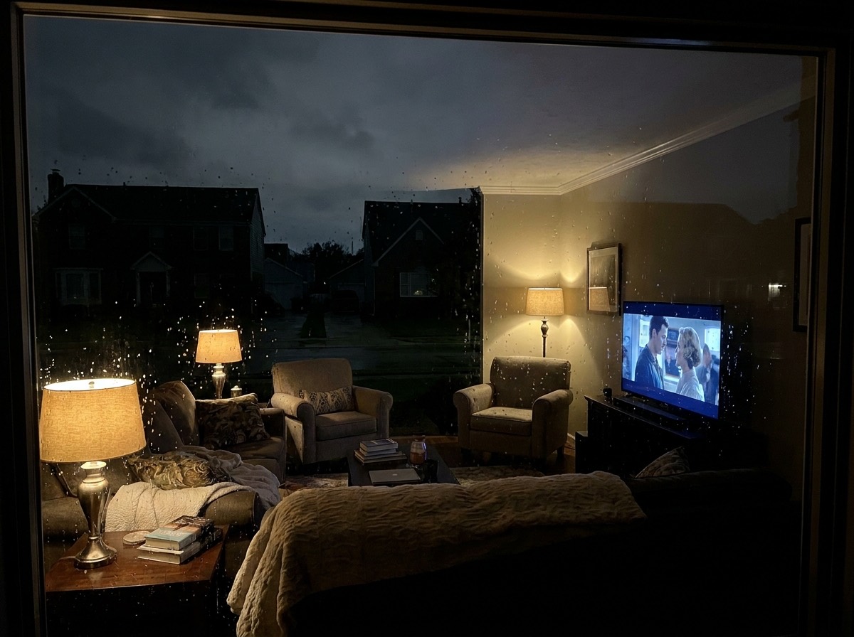 Warmly lit living room at night while the neighboring houses outside the window are dark during a power outage