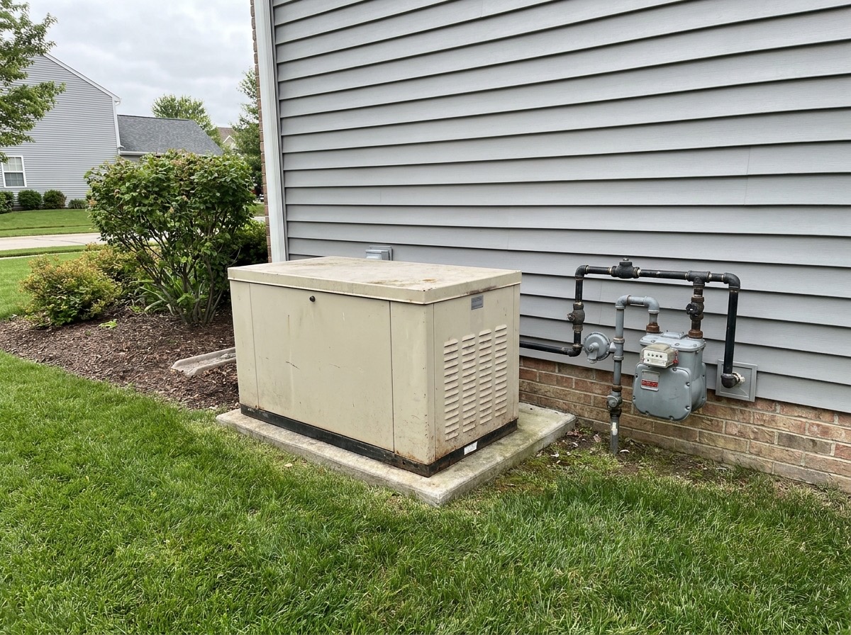 Whole-house standby generator on a concrete pad beside a house with the natural gas meter and piping next to it