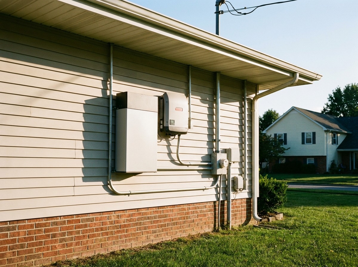 Home battery and inverter mounted on the exterior wall of a suburban house near the utility meter