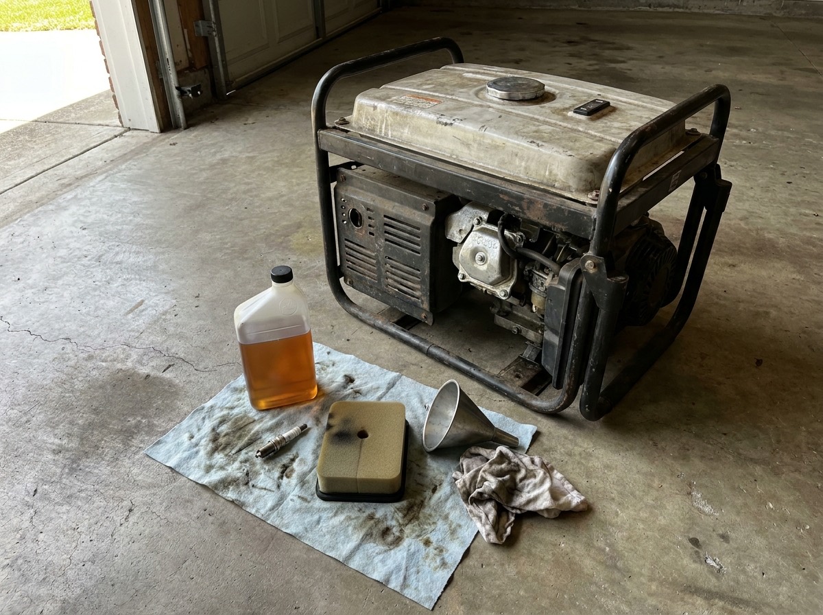 Portable generator on a garage floor with engine oil, a spark plug, an air filter, a funnel, and a rag laid out beside it