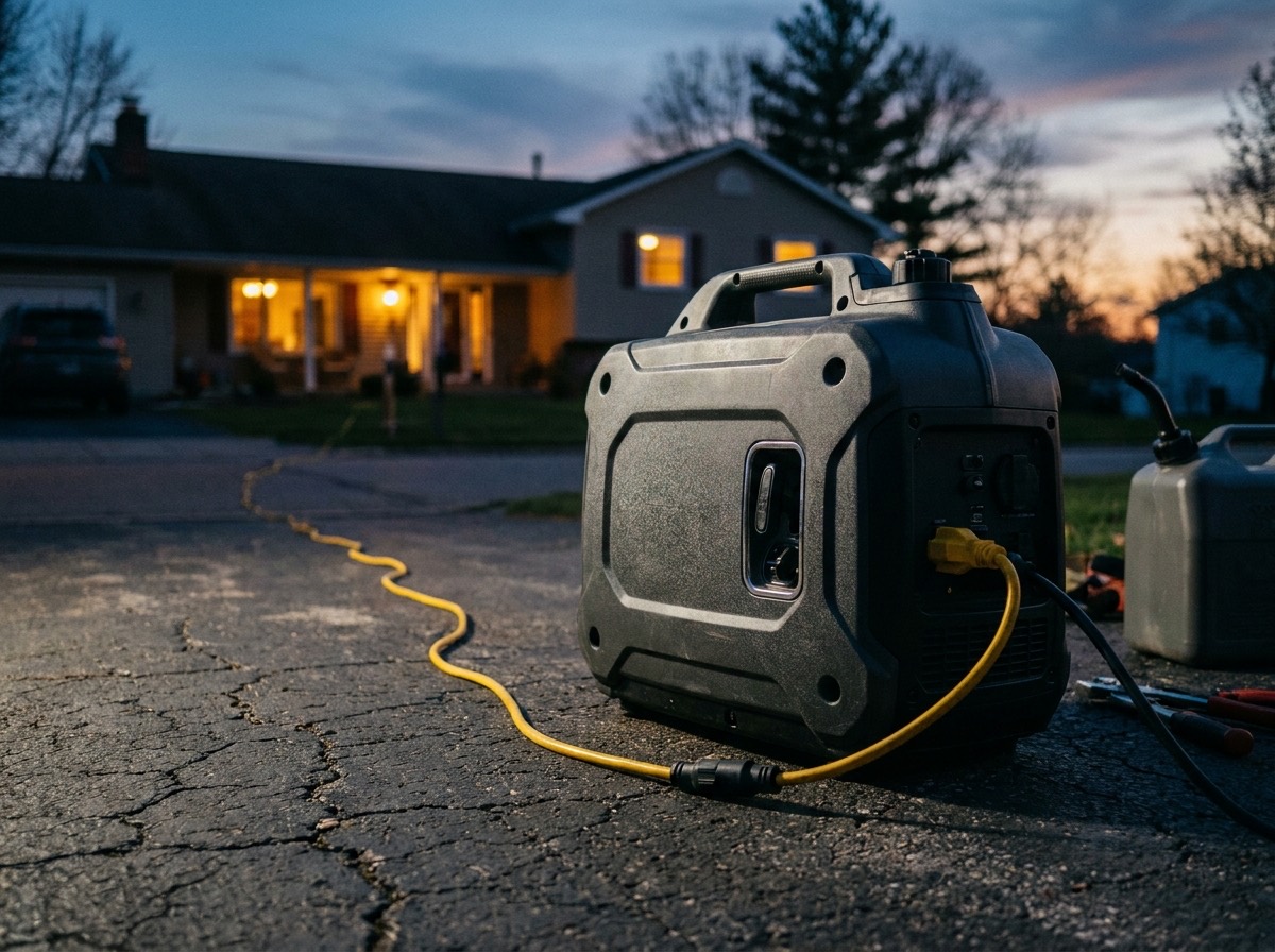 Portable inverter generator on a driveway at dusk placed well away from the house with an outdoor extension cord
