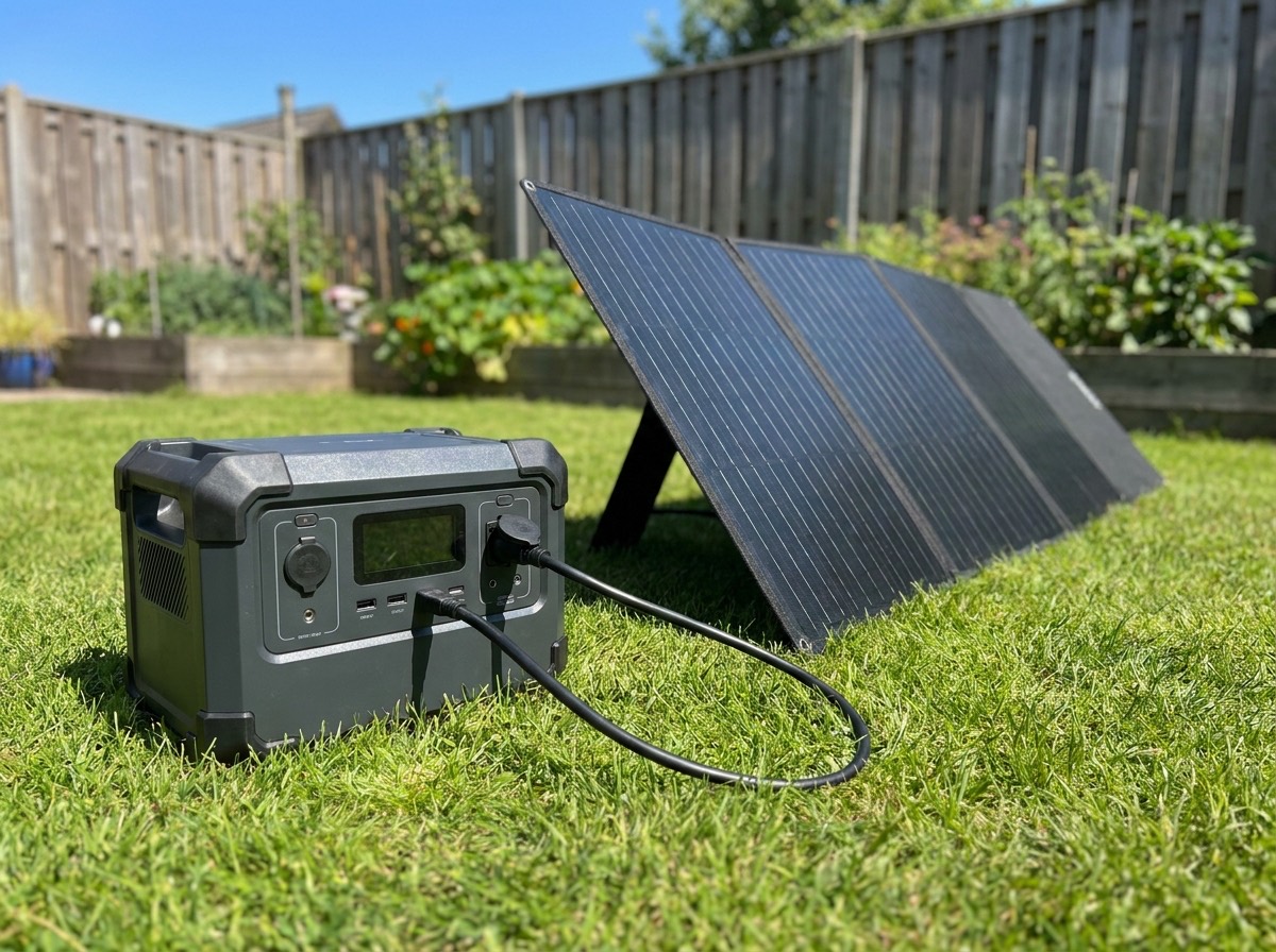 Portable power station on a lawn charging from a foldable solar panel angled toward the sun