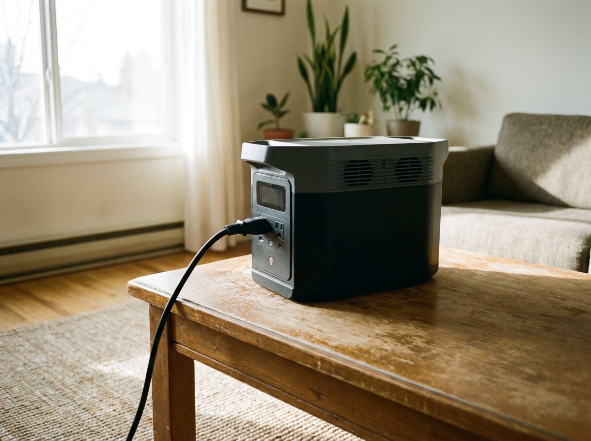 Portable power station charging on a wooden table in a living room with clear space around it and its wall charger plugged in