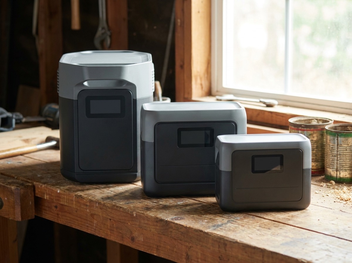 Three unbranded portable power stations in compact, mid-size, and large sizes lined up on a garage workbench