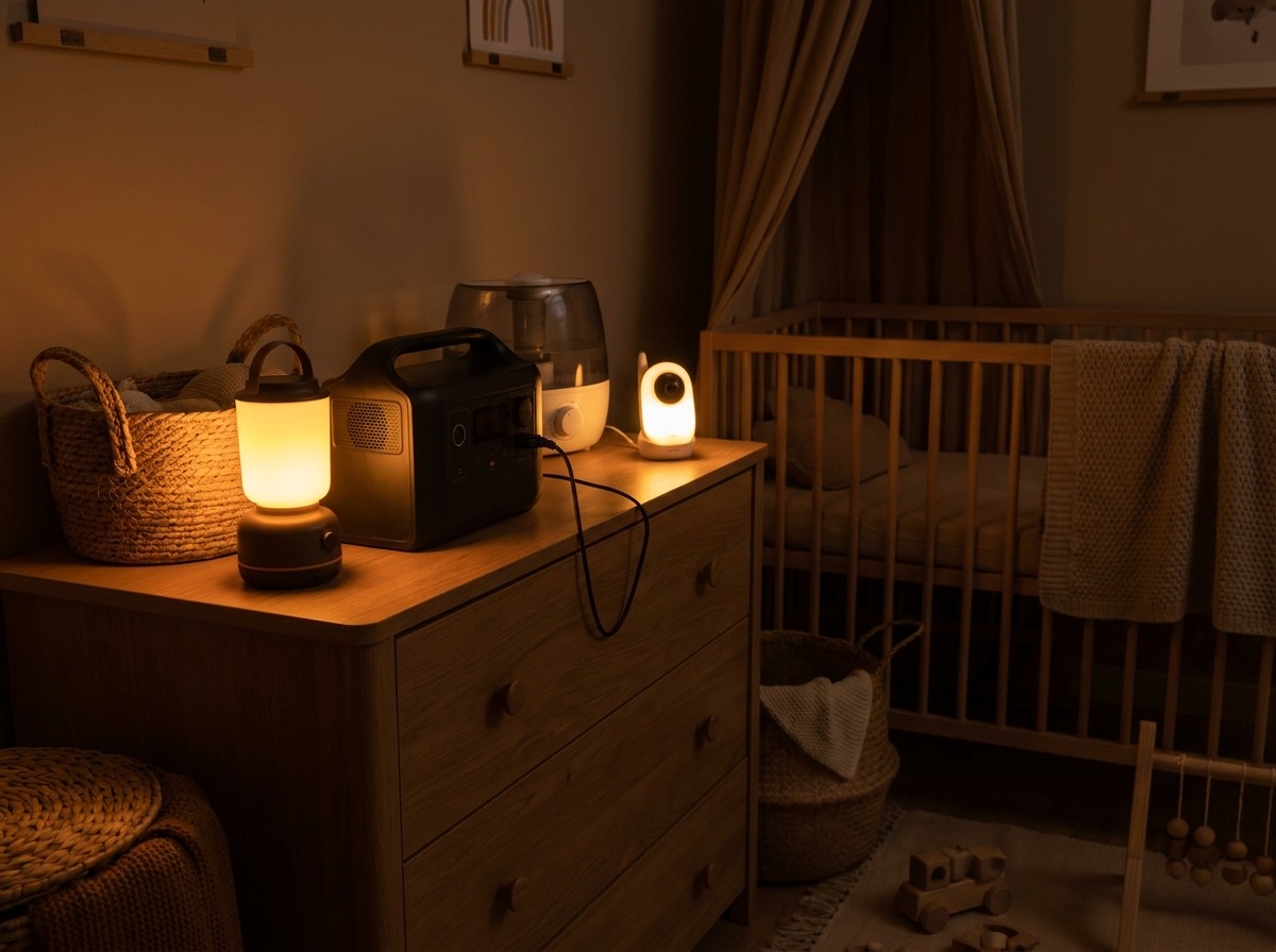 Calm nursery at night lit by a soft lantern with a portable power station on the dresser running a baby monitor and a humidifier