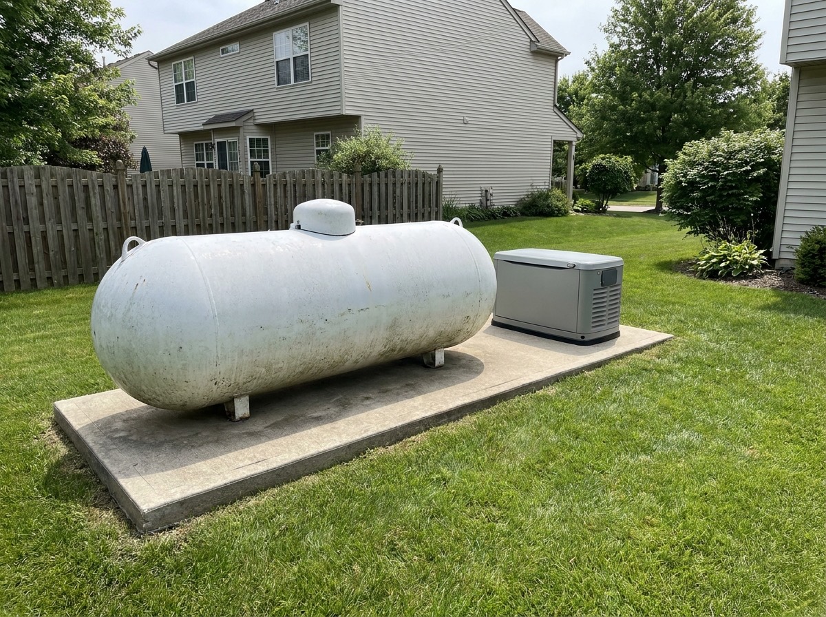 Large white residential propane tank on a concrete pad in a backyard next to a standby generator
