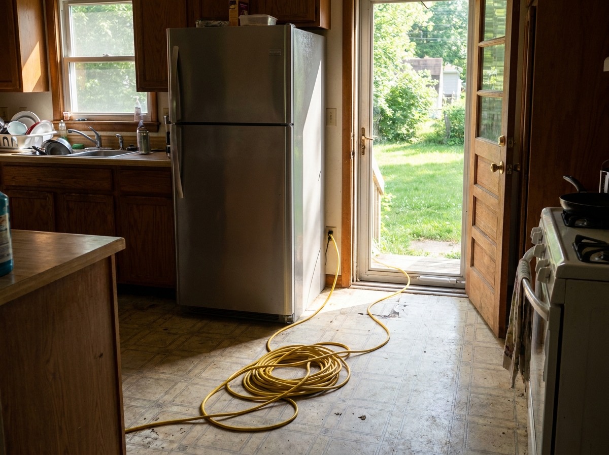 Refrigerator in a kitchen with a heavy-duty yellow extension cord plugged in and running out through the open back door