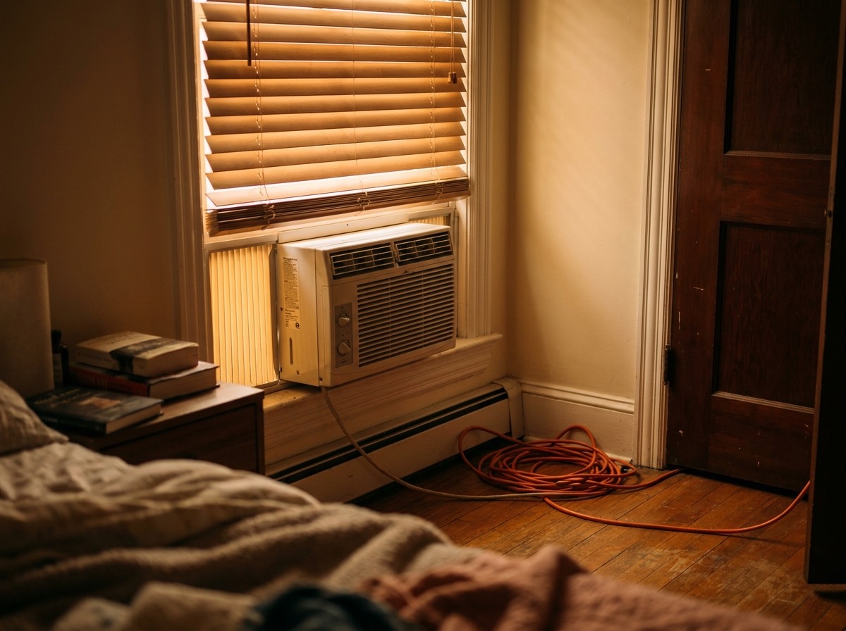 Window air conditioner installed in a bedroom window with a heavy-duty extension cord running from it across the floor