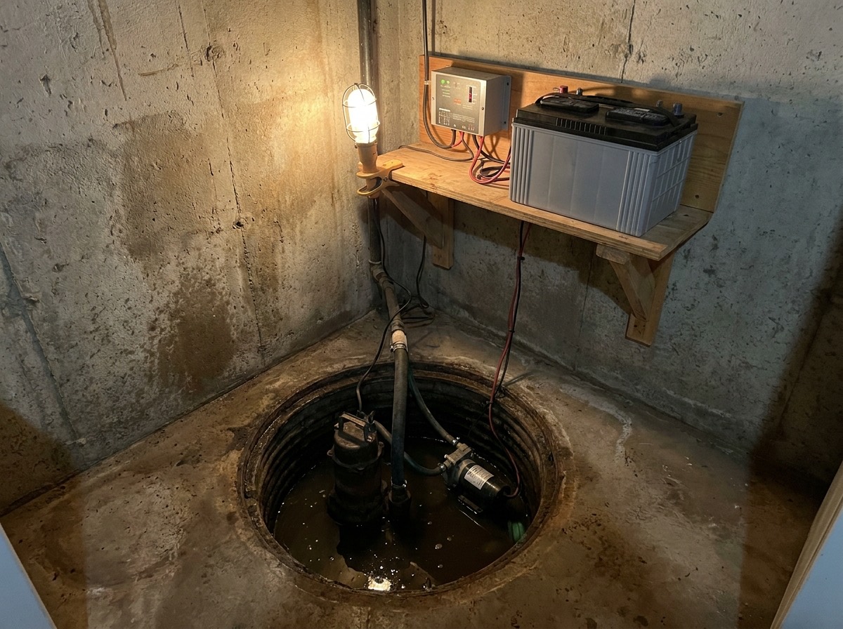 Open sump pump pit in a basement with a primary pump and a battery backup pump, with the battery and controller on a shelf above