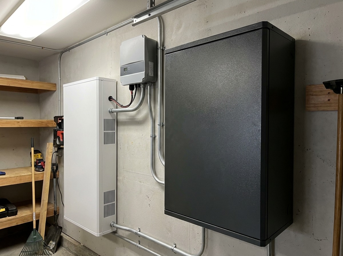 Two different wall-mounted home battery cabinets and an inverter installed side by side on a garage wall