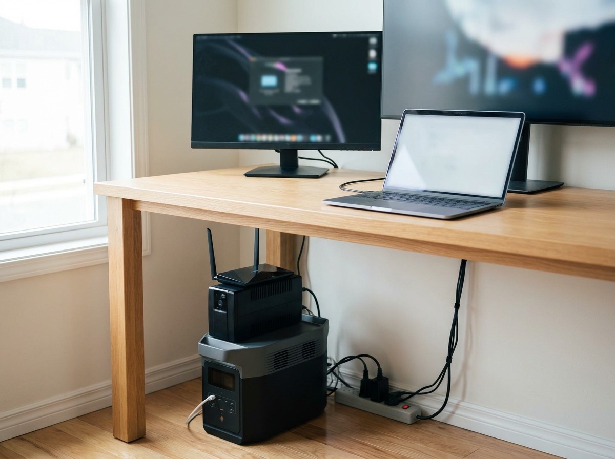 Home office desk with a laptop and monitor, and under it a portable power station and a UPS battery backup with the router on top