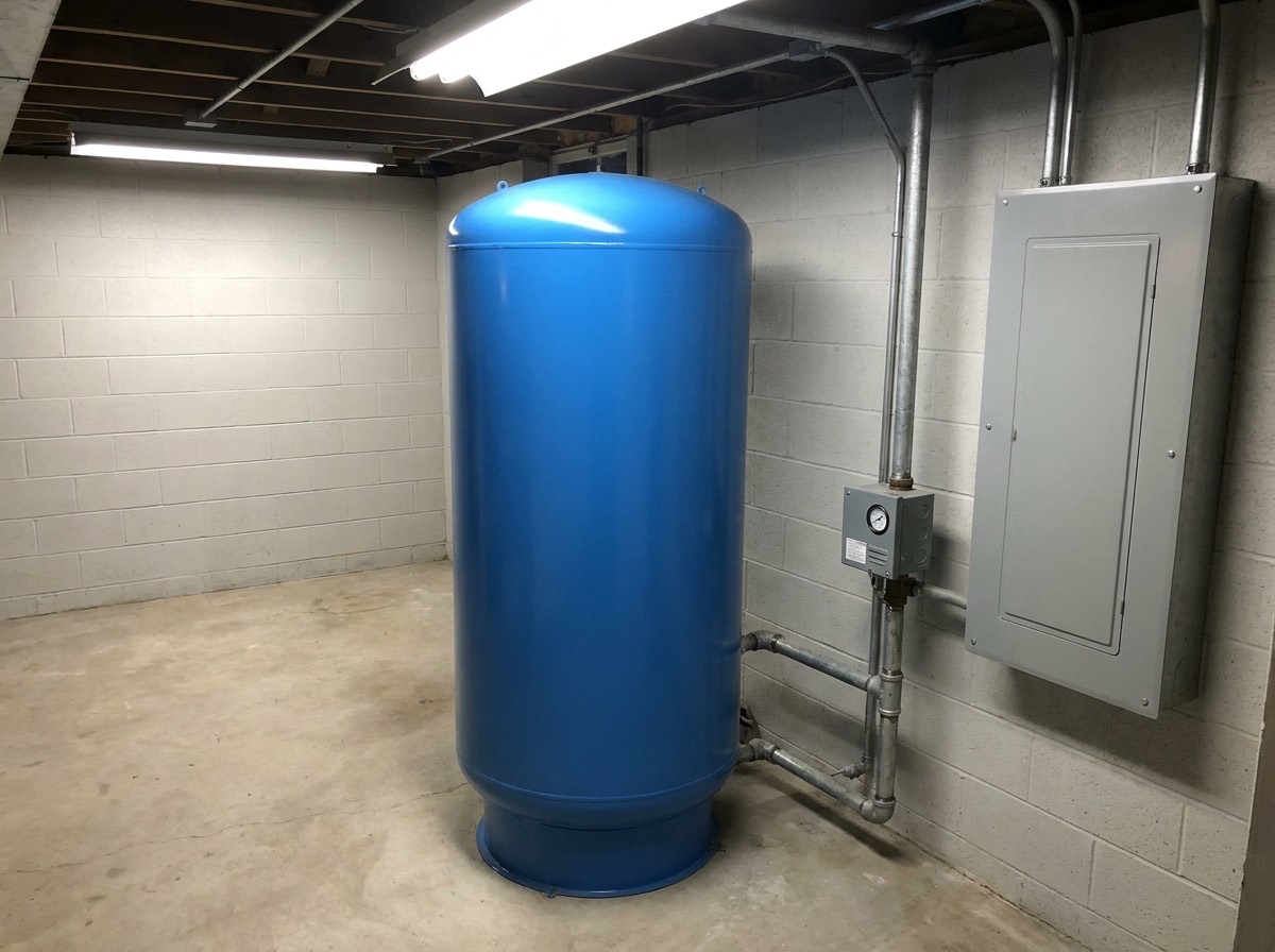 Residential well water pressure tank with pressure switch and gauge next to an electrical control panel in a basement utility room
