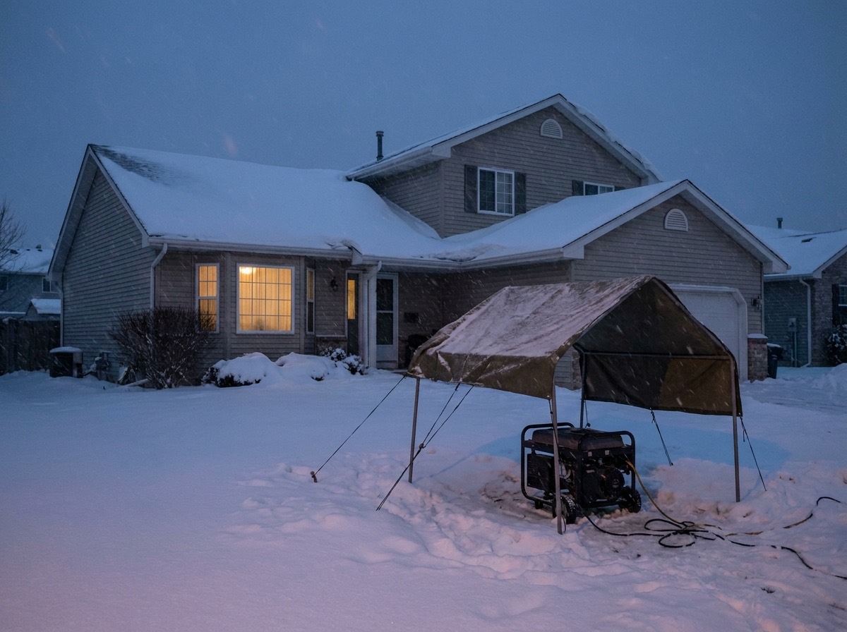 Snow-covered suburban house at dusk during a winter storm with one lit window and a portable generator running under a small canopy in the yard